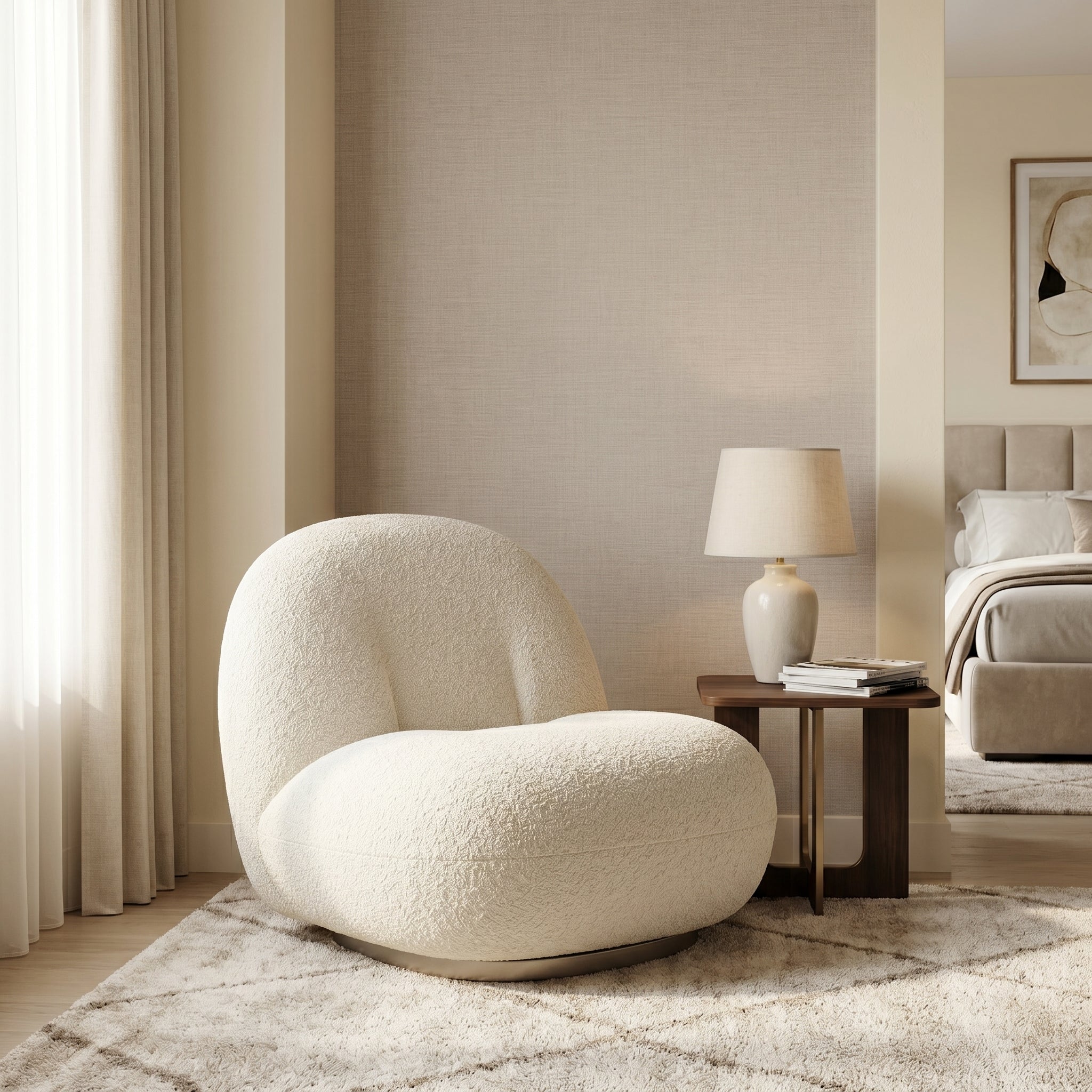 White Bouclé Swivel Lounge Chair