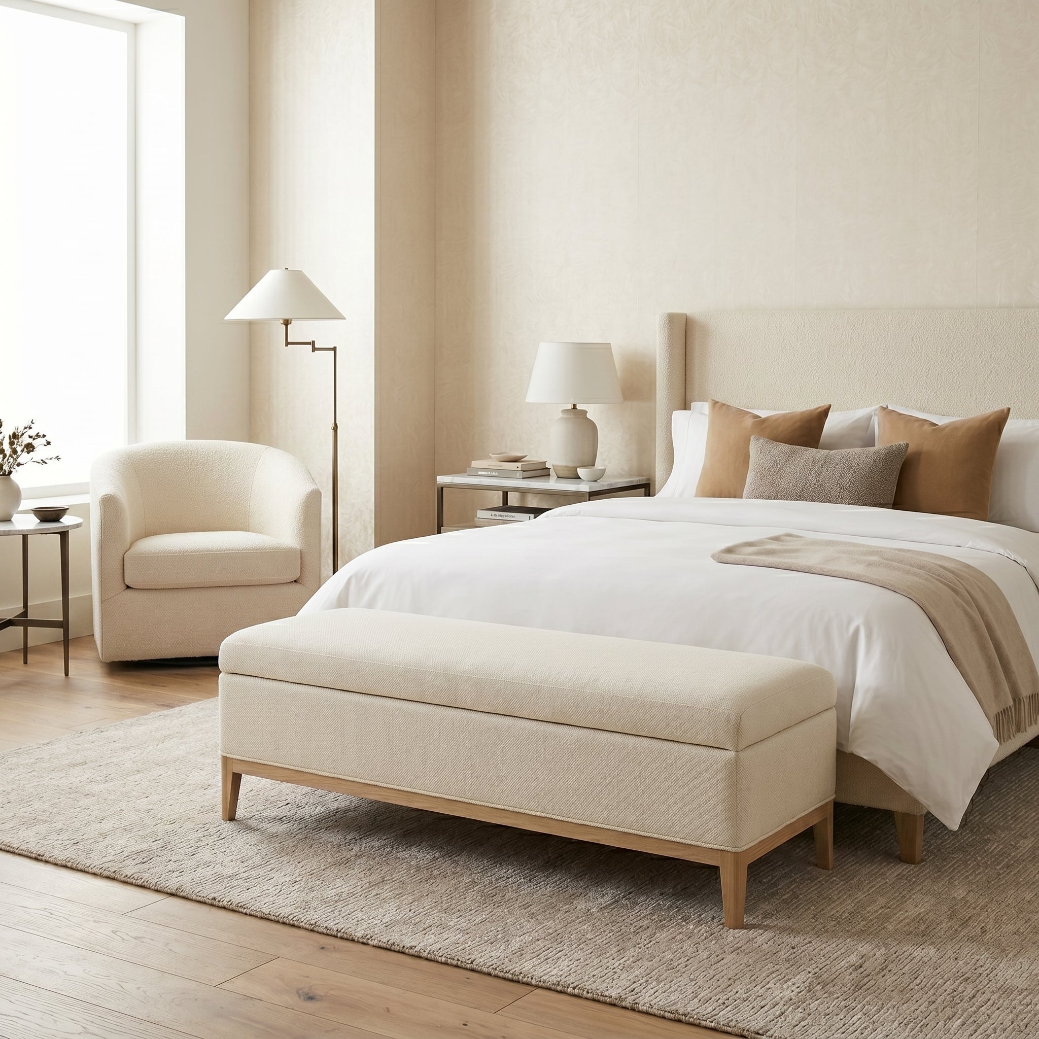 Ivory Upholstered Ottoman Bench